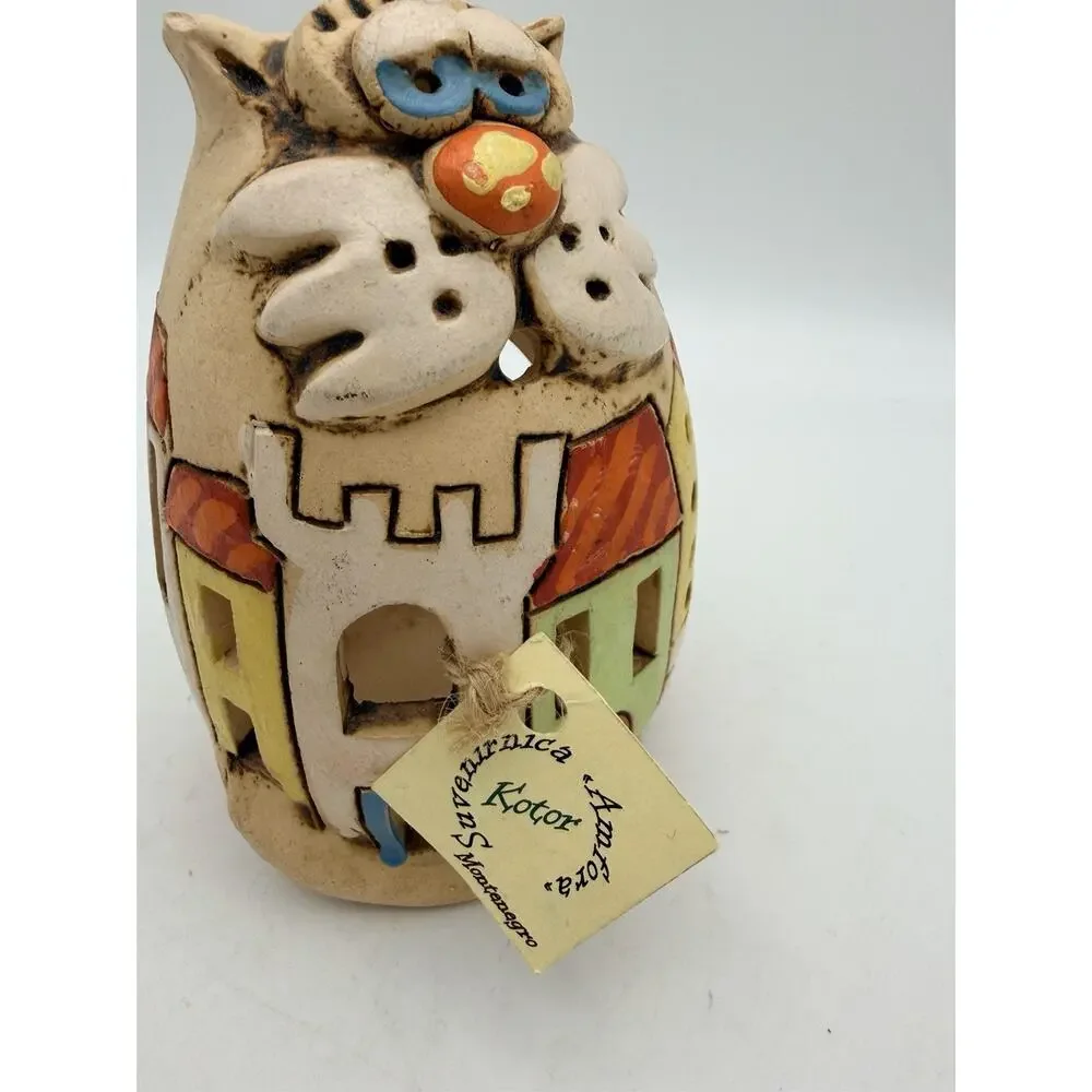 Folk Art Handmade Cat Shaped Ceramic Candle Holder Luminary Decor Votive
